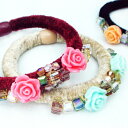 ローズ&キューブビーズ付きヘアゴムヘアポニー ヘアーアクセサリー ヘアアクセサリー 花 薔薇 バラ ばら ビーズ ベロア ピンク ベージュ ワイン オレンジ ミ...