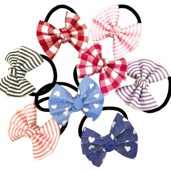 ボーダー・チェック・ハートプリントのリボンヘアゴム☆ヘアアクセサリー ヘアーアクセサリー りぼん ストライプ ピンク レッド 赤 オレンジ ブルー 青 ライラッ...