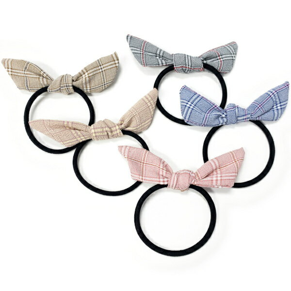 チェック柄リボン付きヘアゴム☆ヘアアクセサリー ヘアーアクセサリー ウサ耳 うさ耳 りぼん キッズ 子供 ピンク ベージュ ブルー 青 ブラウン 茶色 ブラック...