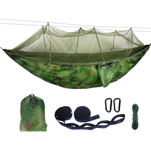 ハンモック 蚊帳付☆高強度カラビナ・超強化ベルト採用 耐荷重300kg 収納袋付 ソロキャンプ 野営 虫対策 通気 快適【あす楽対応】※メール便不可※通販格安セール情報 楽天 通販