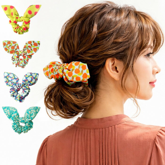 Rakuten - 大人プリントのウサ耳リボンシュシュヘアアクセサリー ヘアーアクセ りぼん うさ耳 チェック ドット りんご 猫 ブルー 青 グリーン 緑 ベージュ 茶色 ブラウン グレー【メール便配送】