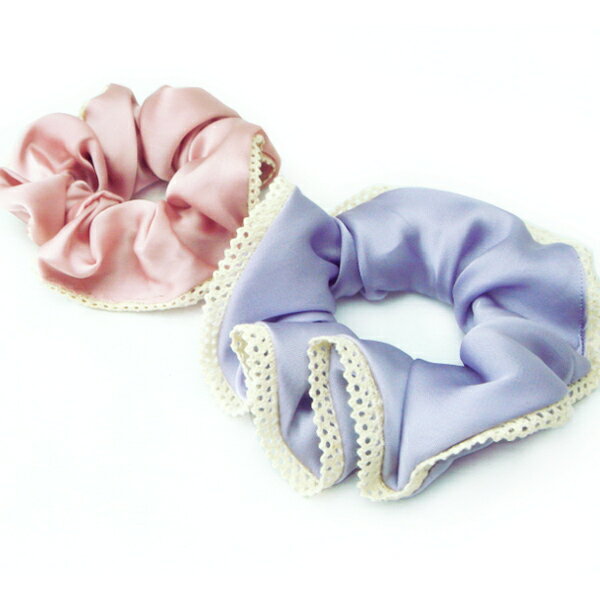 フリル付サテンシュシュ☆ヘアアクセサリー ヘアーアクセサリー ポニー まとめ髪 髪飾り ピンク 紫 パープル ライラック ベージュ シャンパン プレゼント ギフ...