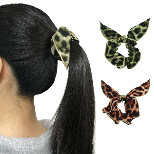 キーモチーフ付レオパード柄ウサ耳リボンシュシュヘアアクセサリー ヘアーアクセサリー うさ耳 りぼん 豹柄 ヒョウ柄 ひょう柄 アニマル柄 カーキ グリーン 緑 ...