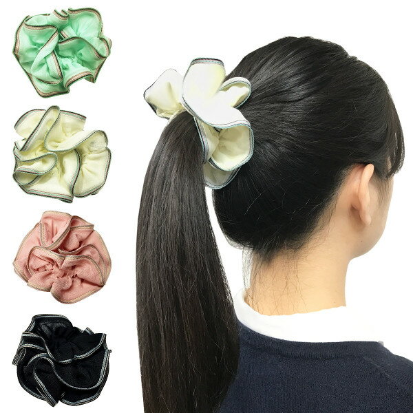 刺繍の縁取り付きシュシュヘアアクセサリー ヘアーアクセサリー まとめ髪 カラー刺繍 ポニー アイボリー ピンク ミント グリーン 緑 黒 ブラック メロウストア...