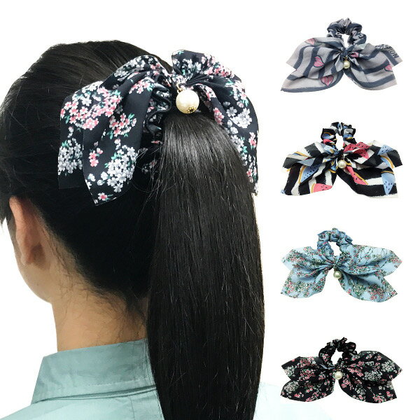 パールモチーフ付スカーフ柄リボンシュシュヘアアクセサリー ヘアーアクセサリー りぼん ハート スイカ フラワー 花柄 ブルー 青 水色 グレー ブラック 黒 誕...