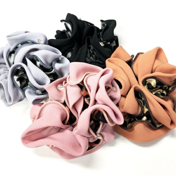 クリアビーズ付レオパード柄×無地のシュシュヘアアクセサリー ヘアーアクセサリー レオパード 豹柄 ピンク オレンジ ブラウン 茶 グレー ブラック 黒 プレゼン...