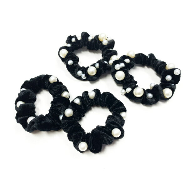 パール付きベロア風シュシュ 2個セットヘアアクセサリー ヘアーアクセサリー ベロア ベルベット パール ブラック 黒 オフィス シンプル こども 子供 キッズ ...
