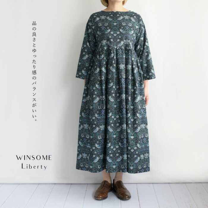 【再入荷】WINSOME Liberty ウィンサムリバティウィリアムモリス ＜STRAWBERRY THIEF いちご泥棒＞ タック ギャザー コットン ロング ワンピース William Morris moda fabric【日本製】【ハン…