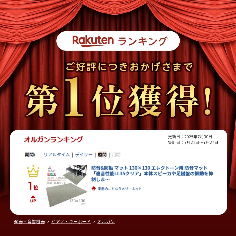 楽器のことならメリーネットの8/20入荷分：予約■防音&防振 マット 130×130 エレクトーン用 防音マット「遮音性能LL35クリア」本体スピーカや足鍵盤の振動を抑制します サンゲツのOEM｜アングル2