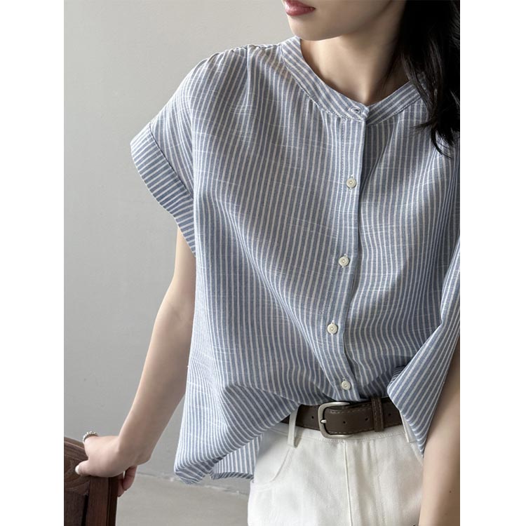 シャツ ストライプ柄 ブラウス フレンチスリーブ スタンドカラー 半袖シャツ レディース 夏 半袖 トップス バンドカラー 薄手 シャツブラウス チュニック丈 前後差 ゆったり 体型カバー 綿混 通気 カジュアル きれいめ 【送無】