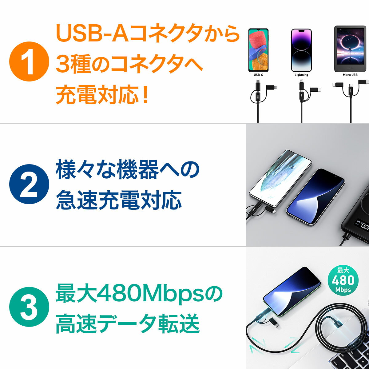 AUKEY オーキー 3 in 1 USBケーブル 1m Impulse Series CB-BAL9 USB-A USB-C Micro USB Lightning 充電ケーブル 480Mbps 編組ナイロン iPhone Apple MFi認証 Android タイプC 高耐久 ブラック