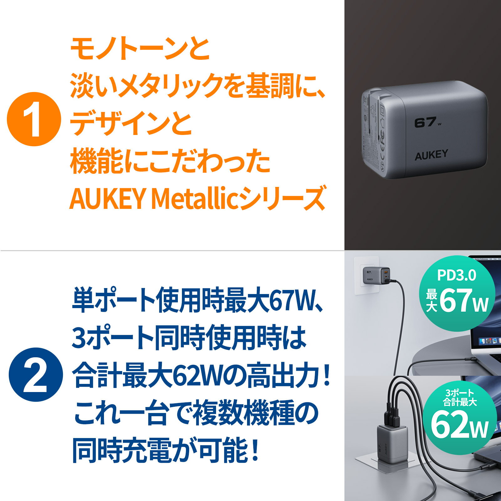 【AUKEY Metallic】USB充電器 ACアダプター 67W PA-C3 USB-C USB-A GaN PD対応 PPS規格 SCP規格 PSE認証 3台同時充電 折りたたみ式プラグ MacBook ノートPC iPad iPhone Android スマホ グレー