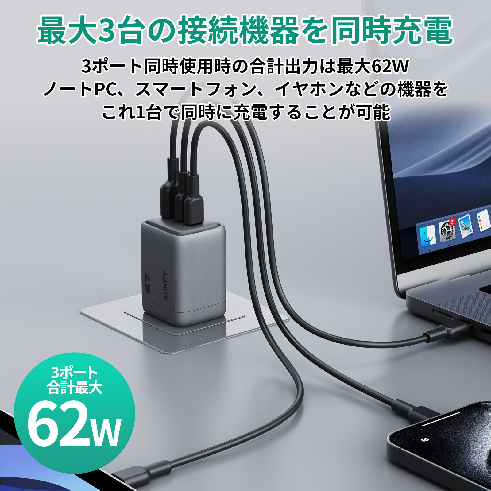 【AUKEY Metallic】USB充電器 ACアダプター 67W PA-C3 USB-C USB-A GaN PD対応 PPS規格 SCP規格 PSE認証 3台同時充電 折りたたみ式プラグ MacBook ノートPC iPad iPhone Android スマホ グレー