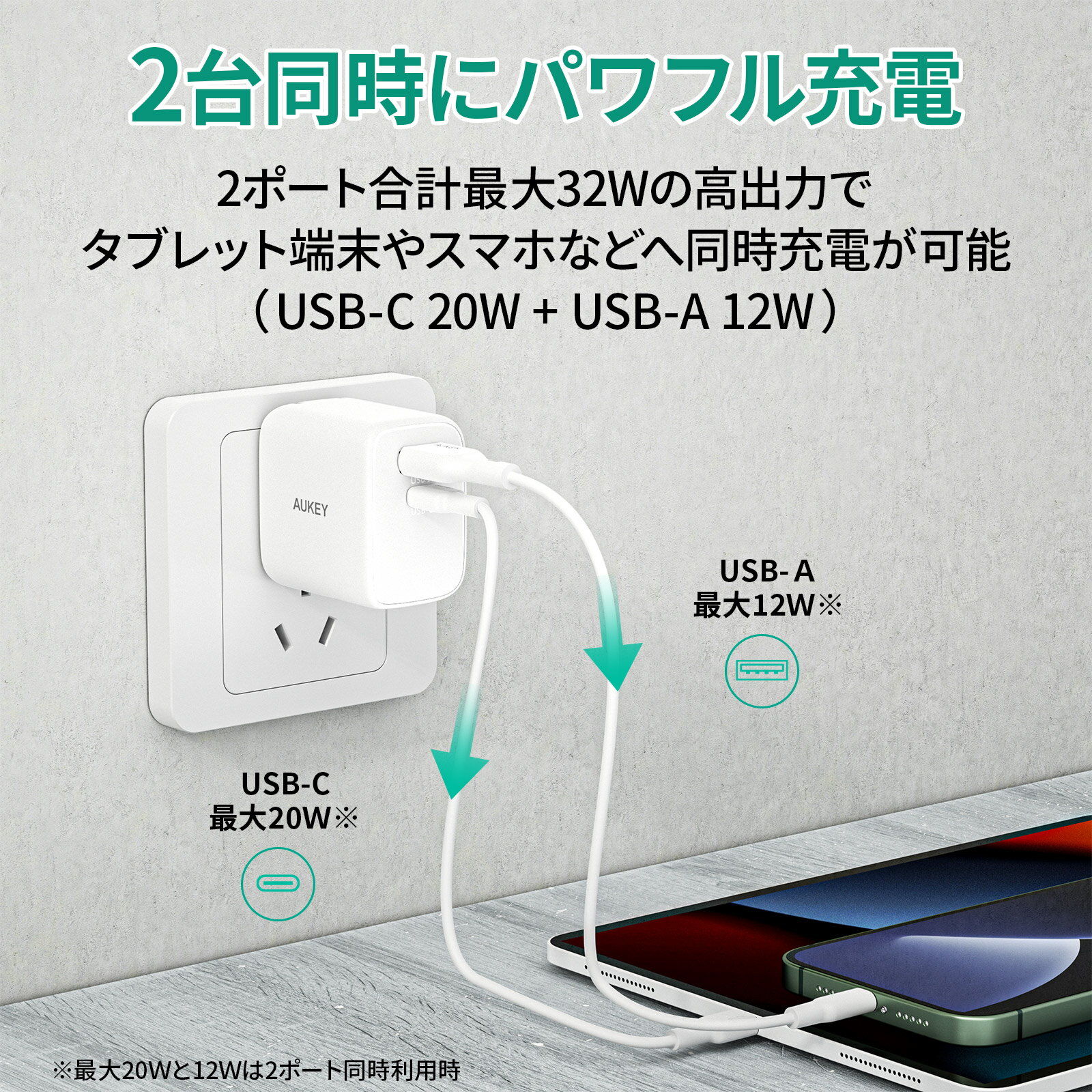 AUKEY USB充電器 ACアダプター Swift Mix 32W PA-F4 USB-C USB-A タイプC タイプA 急速充電 PD対応 PPS QC対応 折りたたみ式プラグ スマホ ノートパソコン 2ポート ブラック / ホワイト iPhone Android MacBook Air オーキー