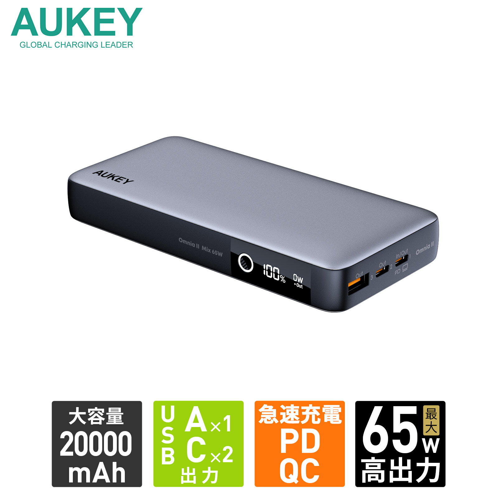 【AUKEY Metallic】20000mAh 大容量 モバイルバッテリー AUKEY オーキー Sprint X 20K 65W PB-Y43-GY 3ポート スマホ iPhone Android タブレット ノートPC USB-A USB-C PD対応 QC対応 急速充電 3A出力 3台同時充電 2年保証