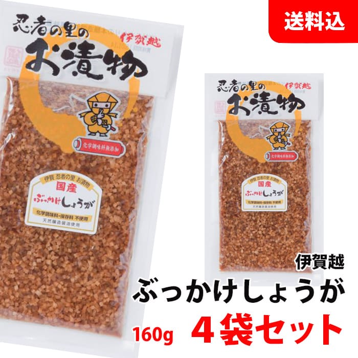 ぶっかけしょうが 中袋 4袋セット (160g×4) 送料無料 メール便 醤油漬け 国産 生姜 漬け物 惣菜 伊賀越 化学調味料無添加