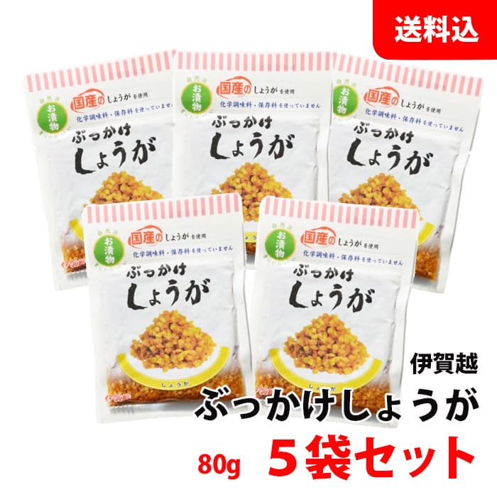 ぶっかけしょうが 小袋 5袋セット (80g×5) 送料無料 メール便 醤油漬け 国産 生姜 漬け物 惣菜 伊賀越 化学調味料無添加
