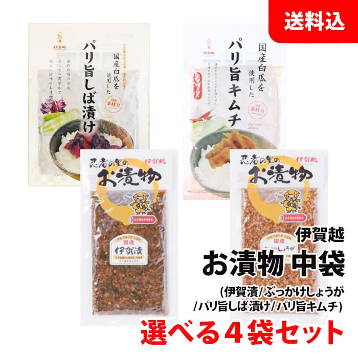 送料無料 メール便 伊賀越 漬物 選べる4袋 中袋 ( 伊賀漬 / しょうが / しば漬け / キムチ ) 惣菜 国産 漬け物 おつまみ セット