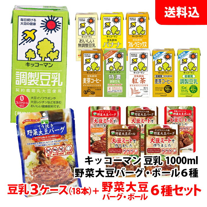 送料無料 キッコーマン豆乳1000ml 3ケース(18本) 豆乳 1L ＋ 野菜大豆バーグ / ミートボール6袋セット( デミグラス・トマト・てり焼き・和風)