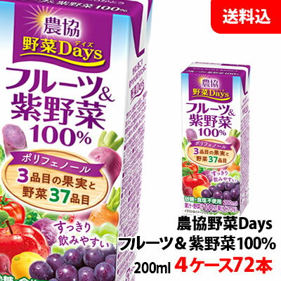 送料無料 雪印メグミルク 農協野菜Days フルーツ＆紫(むらさき)野菜ミックス 200ml 4ケース(72本)【砂..