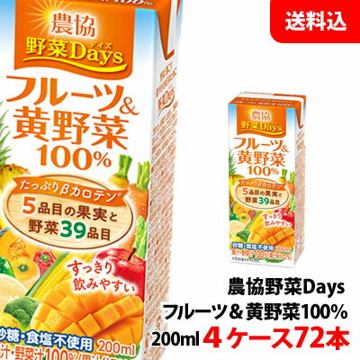 送料無料 雪印メグミルク 農協野菜Days フルーツ＆黄(きいろ)野菜ミックス 200ml 4ケース(72本) 【砂糖・食塩・着色料・保存料無添加】 紙パック 野菜ジュース