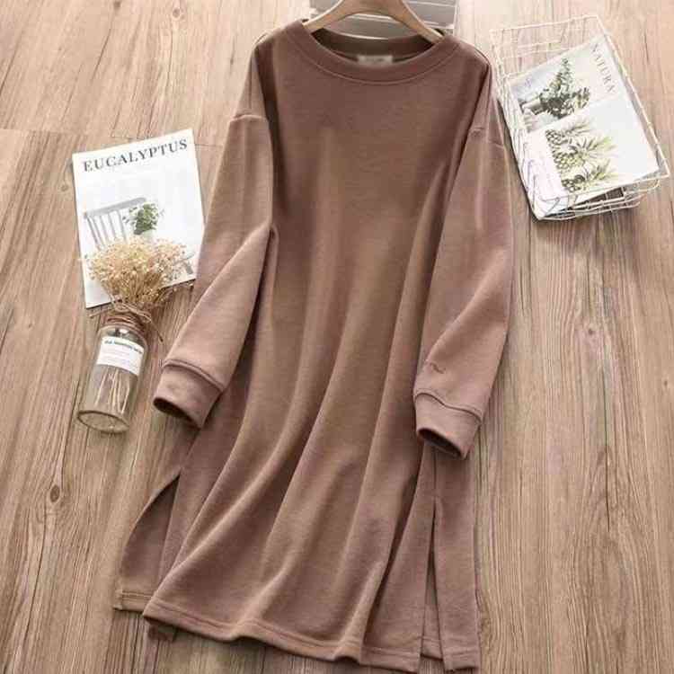 春秋冬 チュニック サイドスリット 長袖 ロングtシャツ きれいめ カットソー クルーネック ゆったり 無地 レディース 薄手 ワンピース インナー 大きいサイズ 体型カバー オシャレ