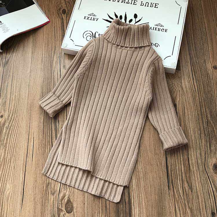 ニットワンピースタートルネック子供服無地リブ編みハイネックニット長袖ワンピース女の子ワンピキッズアシンメトリースリット入りシンプルオシャレ子ども服