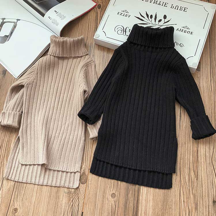 ニットワンピースタートルネック子供服無地リブ編みハイネックニット長袖ワンピース女の子ワンピキッズアシンメトリースリット入りシンプルオシャレ子ども服