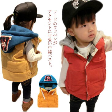中綿ベスト フード付き 中綿入り キッズ ベビー アウター 上着 羽織り 女の子 男の子 子供服 子ども 防寒 厚手 こども ダウンベスト 子ども服 ユニセックス バイカラー 保育園 幼稚園 75cm?125cm送料無料