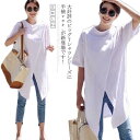 アシンメトリー Tシャツ ロングTシャツ レディース ロング丈 Tシャツ スリット入り 半袖 Tシャツ ラウンドネック シンプル トップス 体型カバー 韓国ファッション送料無料