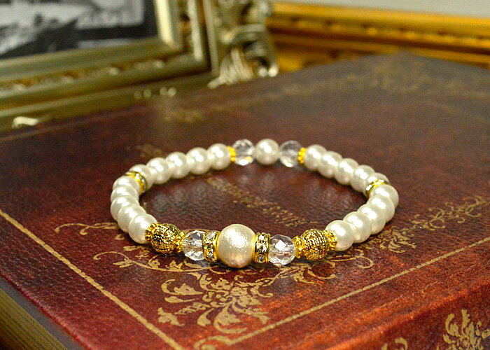 パワーストーン ブレスレット コットンパールホワイト8mm 人工パール6mm カット水晶6mm 透かし金具 ロンデル金具 花金具