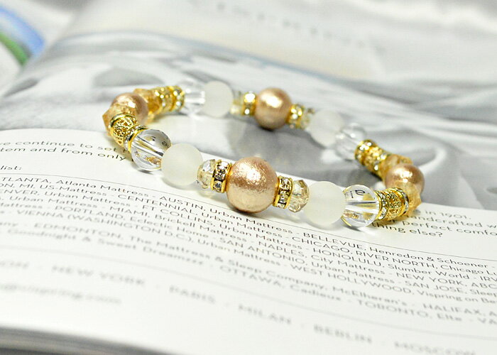 パワーストーン ブレスレット コットンパールベージュ フロスト水晶 水晶 スターカットシトリン イエローオーラカット平珠 ロンデル金具 透かし金具