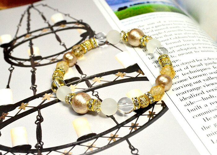 パワーストーン ブレスレット コットンパールベージュ フロスト水晶 水晶 スターカットシトリン イエローオーラカット平珠 ロンデル金具 透かし金具
