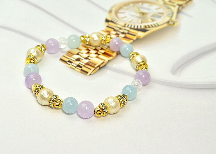 パワーストーン ブレスレット コットンパールキスカ アクアマリン ラベンダーアメジスト クラック水晶 ロンデル金具 金金具