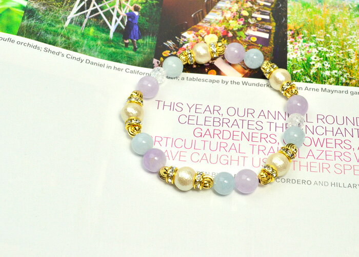 パワーストーン ブレスレット コットンパールキスカ アクアマリン ラベンダーアメジスト クラック水晶 ロンデル金具 金金具