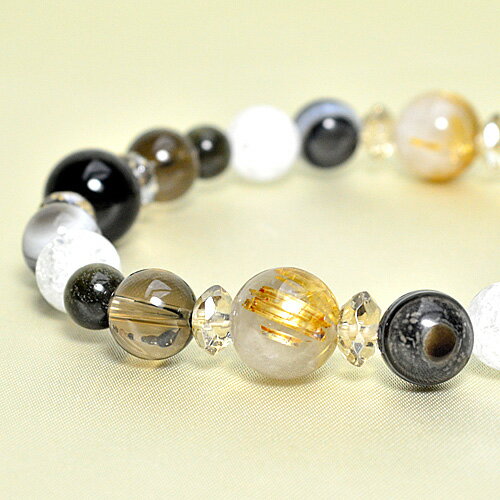 パワーストーン ブレスレット オニキス ルチル 天眼石 スモーキークォーツ クラック水晶 ゴールデンオブシディアン イエローオーラカット平珠 レディース