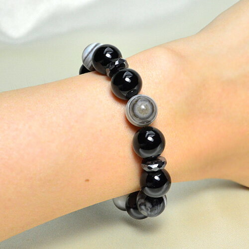 パワーストーン ブレスレット オニキス 天眼石 カットヘマタイト平珠 レディース