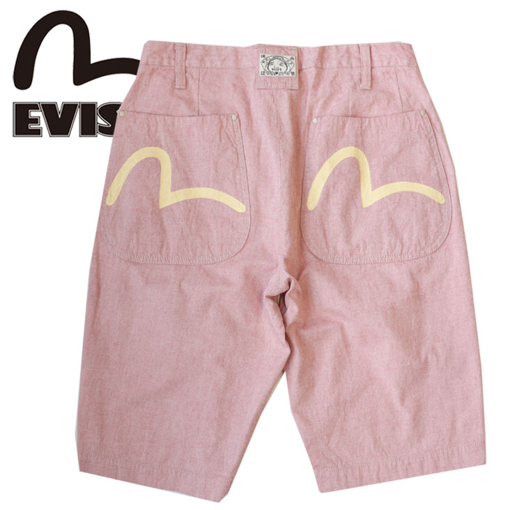 エヴィス evisu EVISU ハーフパンツ DICKSON S メンズ 半ズボン シャンブレーレッド ショートパンツ made in JAPAN 日本製 綿100％ ロゴ ポケット ジッパーフライ 恵比寿 山根英彦 個性的 涼しい かっこいい 動きやすい プレゼント ラッピング ギフト