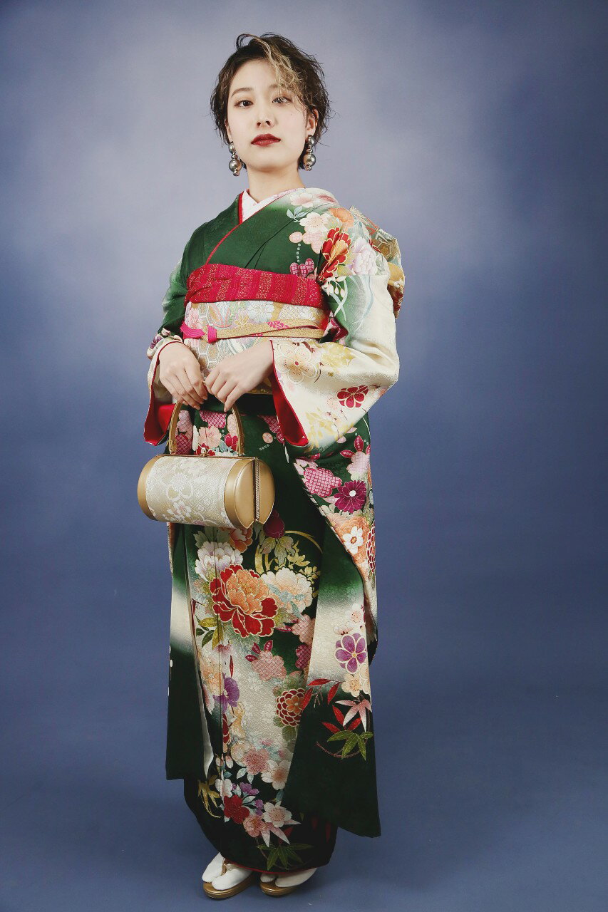 【レンタル】往復 送料 無料 全部揃って 安心 レンタルレンタル 振袖 振袖女性 和服 振袖 振袖レンタル 振袖フルセット モスグリーン地 牡丹 四君子 柄 B No.2002