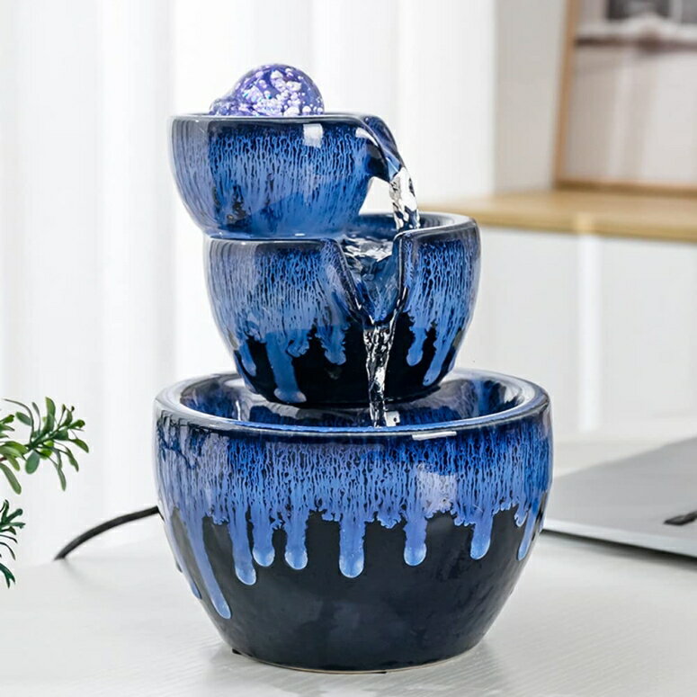 卓上 噴水 滝のオブジェ テーブルトップファウンテン インテリア噴水 Ceramic Tabletop Fountain with Ball for Indoor Table Desk Office Home Decoration (Blue) 