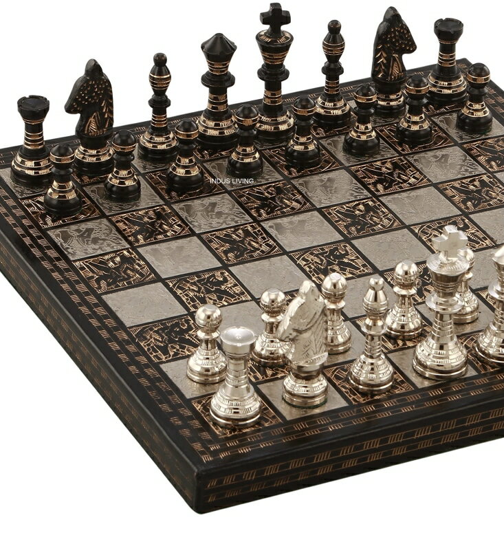 チェスセット Premium Brass Chess Pieces Board Set Finished Luxury 10 Inches Heavy Chess Set Anniversary Best Gifts for Him Unique Art Chess Set by INDUS LIVING, Black and Sliver 【並行輸入品】