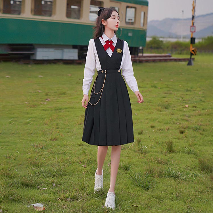JK ジャンパースカート プリーツスカート 制服スカート サロペットスカート スクールスカート ワンピース 学生服 通学 学院風 女子制服 コスプレ 園祭 体育祭 文化祭 春夏 秋 女子 高生 高校生 學院風 Vネック 無地 ブラック