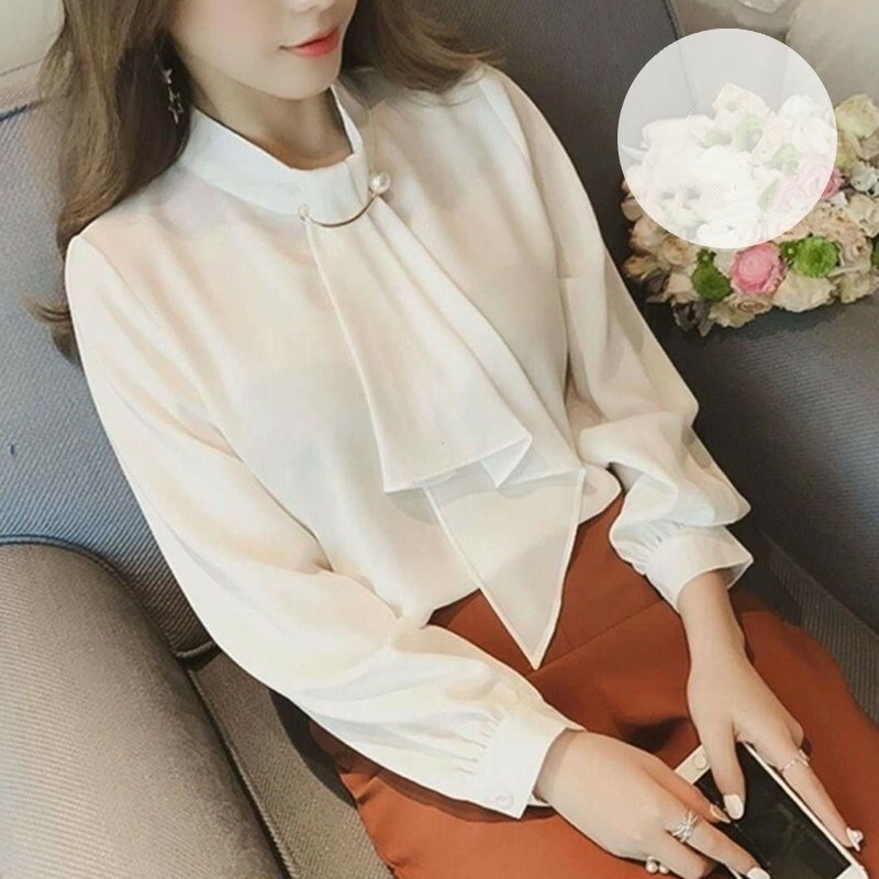 긴 소매 쉬폰 여성 탑스 보타이 블라우스 여성 블라우스 귀여운 단색 심플 세련된 여성 의류 깨끗한 어른 사무실