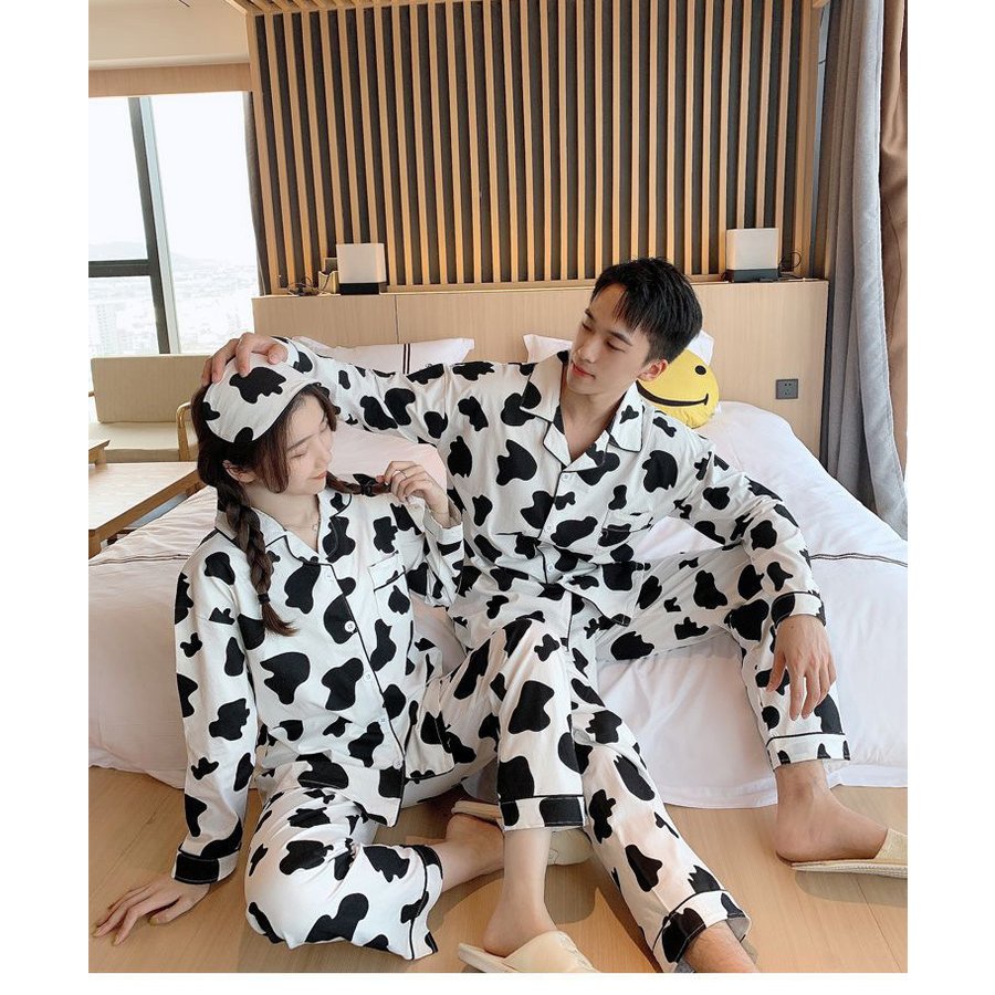 カップルルームウェア 部屋着 ロングズボン 綿100% 春秋 ペアルック 乳牛柄 上下セット プレゼント