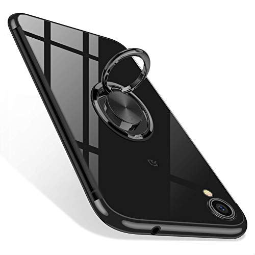 AQUOS sense2 ケース リング クリア TPU 耐衝撃 [SH-M08/SH-01L/SHV43] Android One S5 対応 シリコン 薄型 スリム メッキ加工 傷つけ防止 スタンド機能 車載ホルダー対応 一体型 スマホ保護カバー ブラック
