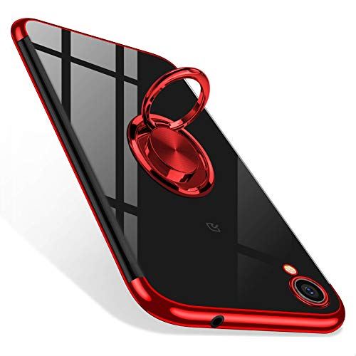 AQUOS sense2 ケース リング クリア TPU 耐衝撃 [SH-M08/SH-01L/SHV43] Android One S5 対応 シリコン 薄型 スリム メッキ加工 傷つけ防止 スタンド機能 車載ホルダー対応 一体型 スマホ保護カバー レッド