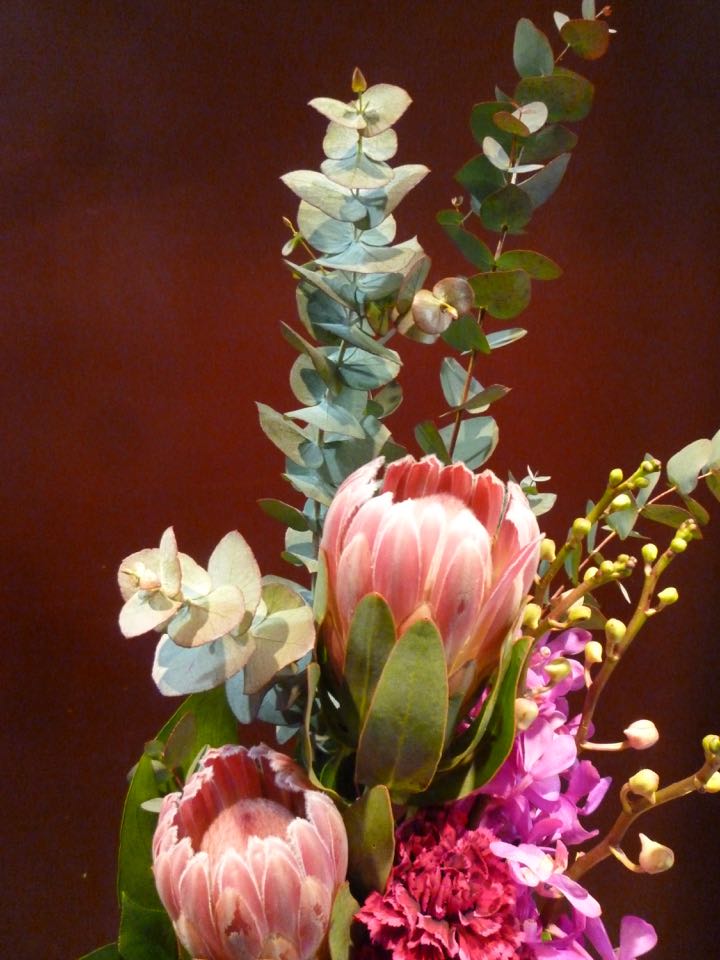 【アレンジメント】プロテア モカラ ユーカリ カーネーション