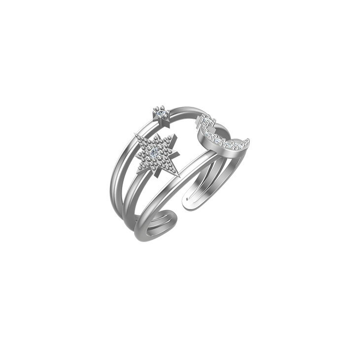 【PASITHEA Star & Moon リング】オープンリング 指輪 アクセサリー フリーサイズ シンプル シルバー 金属アレルギー対応！上品 AAAAAキュービック 女性 ギフト プレゼント 大人 華奢 細身 清楚 12号相当 結婚式 お呼ばれ 女性 ディース