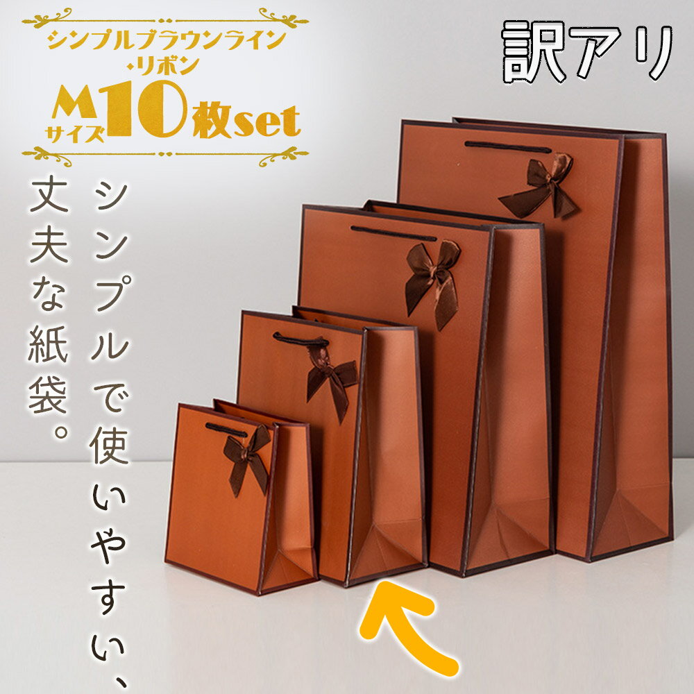 最短当日出荷◆ラッピング ギフトバッグ 手提げ袋 紙袋 22.7×17.7×7.9cm 10枚 訳アリ ワケアリ 大容量 B品 徳用 (シンプルブラウンライン・リボン) ハイピング 縁取り おしゃれ