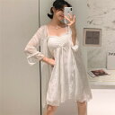 2点セット レディース 白い 姫系 長袖 パジャマ フランネル レース ワンピース ネグリジェ 寝巻き パジャマ ロマンティック 女性用 部屋着 ナイトウェア